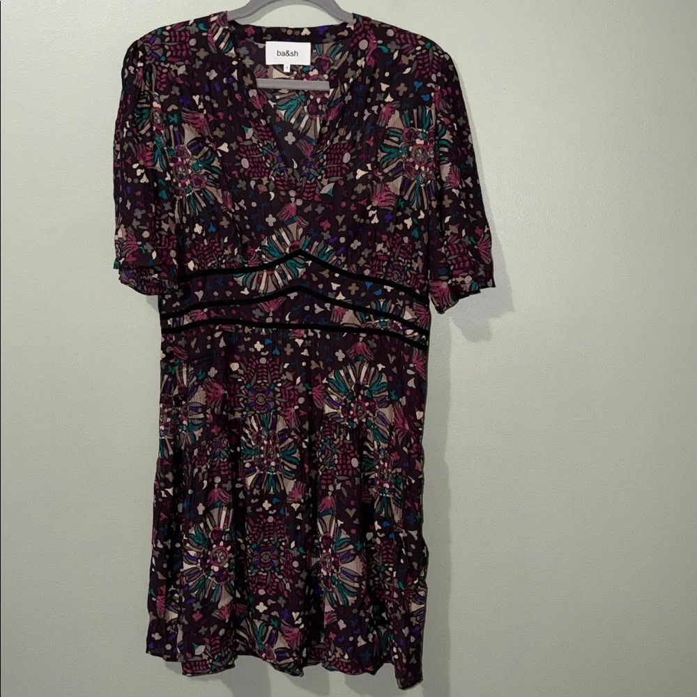 BA&SH Robe Fidji Printed Minidress NWT V neck Short Sleeves Side zip multicolor